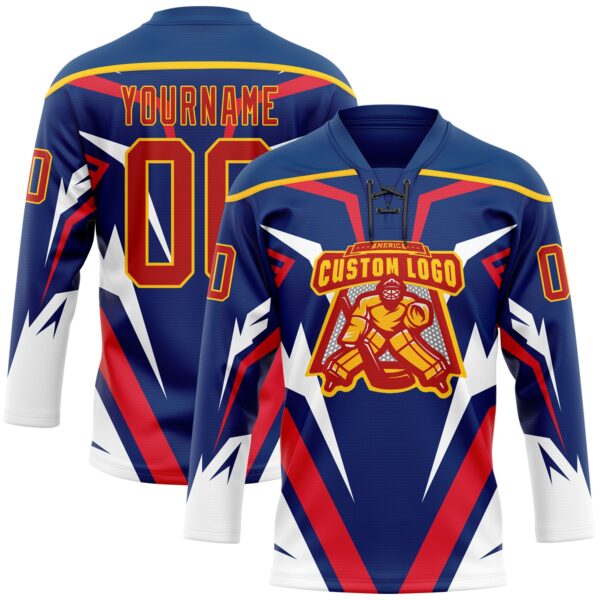 Custom US Navy Blue Red Yellow-White Abstract Pattern Graphic Cyber Mecha E-sport Hockey Lace Neck Jersey
