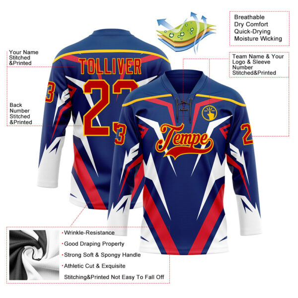 Custom US Navy Blue Red Yellow-White Abstract Pattern Graphic Cyber Mecha E-sport Hockey Lace Neck Jersey