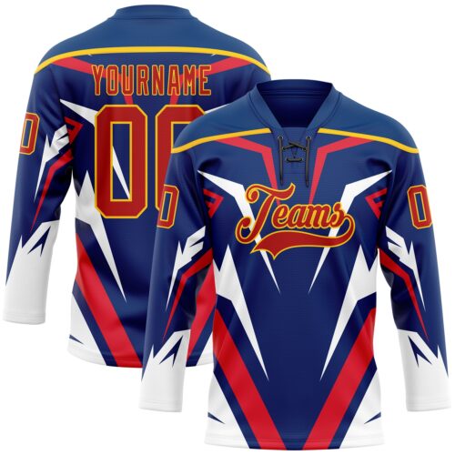 Custom US Navy Blue Red Yellow-White Abstract Pattern Graphic Cyber Mecha E-sport Hockey Lace Neck Jersey