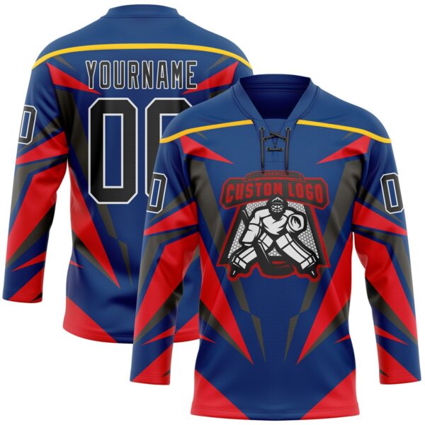 Custom US Navy Blue Black Red-White Abstract Pattern Graphic Cyber Mecha E-sport Hockey Lace Neck Jersey