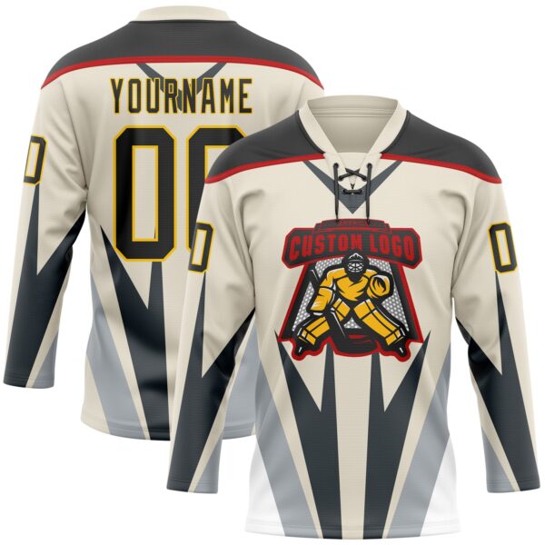 Custom Cream Black Gray Red-Yellow Abstract Pattern Graphic Cyber Mecha E-sport Hockey Lace Neck Jersey