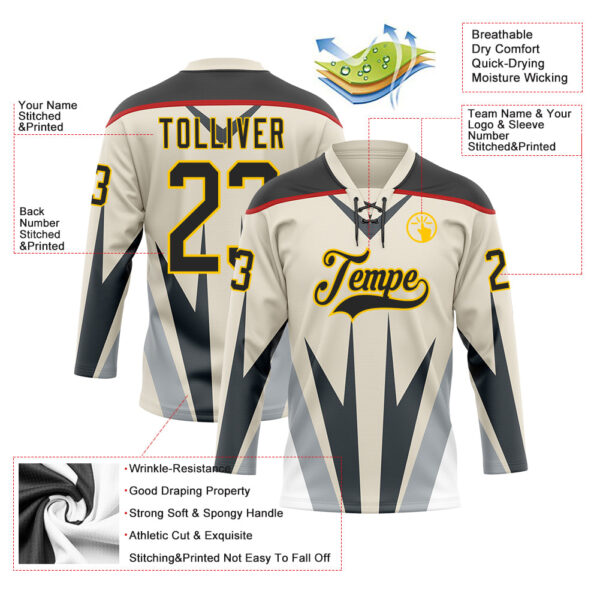 Custom Cream Black Gray Red-Yellow Abstract Pattern Graphic Cyber Mecha E-sport Hockey Lace Neck Jersey