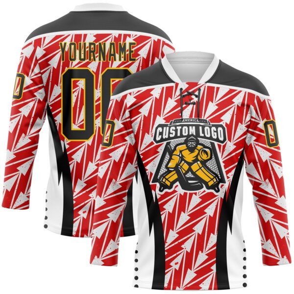 Custom White Black Red Yellow-White Abstract Pattern Graphic Cyber Mecha E-sport Hockey Lace Neck Jersey