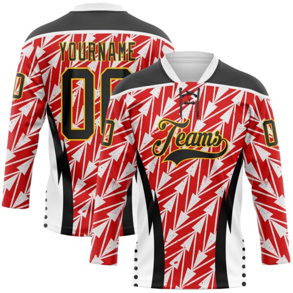 Custom White Black Red Yellow-White Abstract Pattern Graphic Cyber Mecha E-sport Hockey Lace Neck Jersey