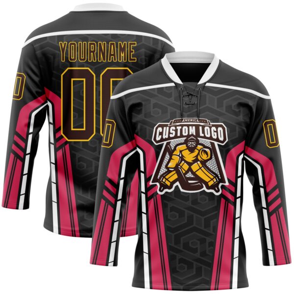 Custom Black Brown Pink Yellow-White Abstract Pattern Graphic Cyber Mecha E-sport Hockey Lace Neck Jersey