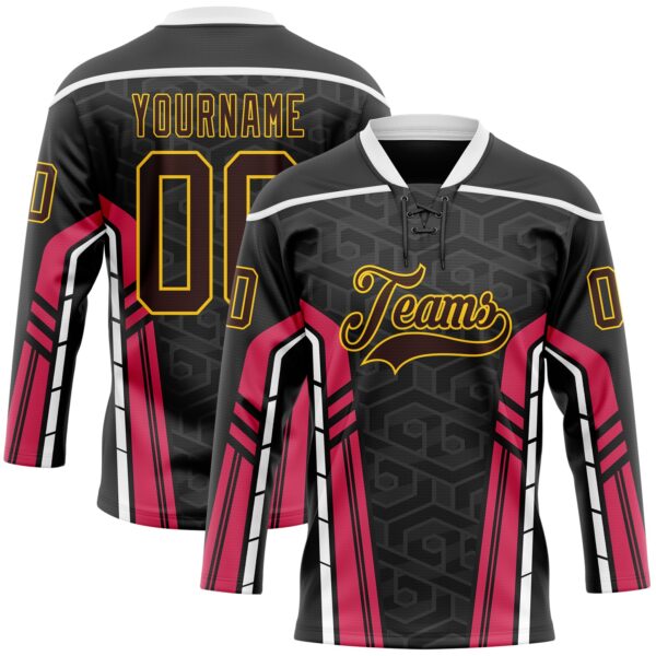Custom Black Brown Pink Yellow-White Abstract Pattern Graphic Cyber Mecha E-sport Hockey Lace Neck Jersey