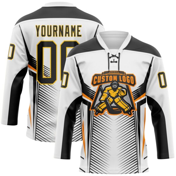 Custom White Black Yellow-Orange Abstract Pattern Graphic Cyber Mecha E-sport Hockey Lace Neck Jersey