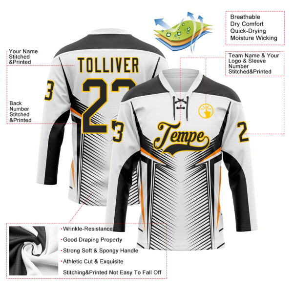 Custom White Black Yellow-Orange Abstract Pattern Graphic Cyber Mecha E-sport Hockey Lace Neck Jersey