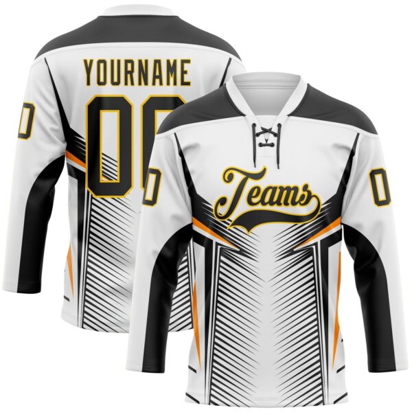 Custom White Black Yellow-Orange Abstract Pattern Graphic Cyber Mecha E-sport Hockey Lace Neck Jersey