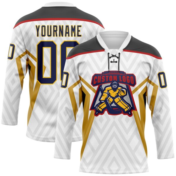 Custom White Navy Old Gold Yellow Black-Red Abstract Pattern Graphic Cyber Mecha E-sport Hockey Lace Neck Jersey