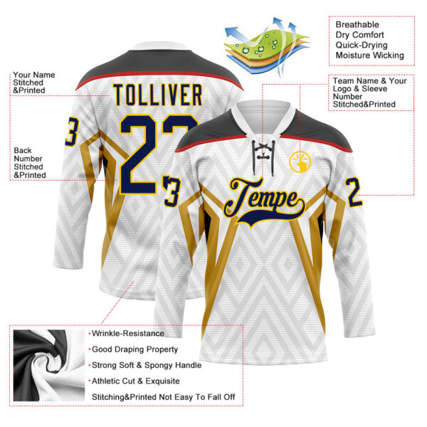 Custom White Navy Old Gold Yellow Black-Red Abstract Pattern Graphic Cyber Mecha E-sport Hockey Lace Neck Jersey
