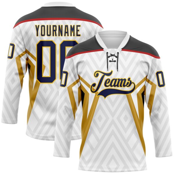 Custom White Navy Old Gold Yellow Black-Red Abstract Pattern Graphic Cyber Mecha E-sport Hockey Lace Neck Jersey