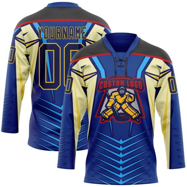 Custom Blue Navy Black Red-Yellow Abstract Pattern Graphic Cyber Mecha E-sport Hockey Lace Neck Jersey