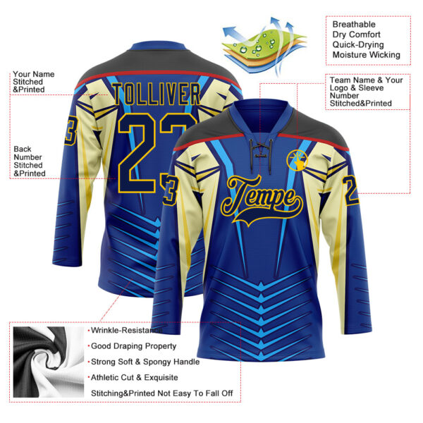 Custom Blue Navy Black Red-Yellow Abstract Pattern Graphic Cyber Mecha E-sport Hockey Lace Neck Jersey