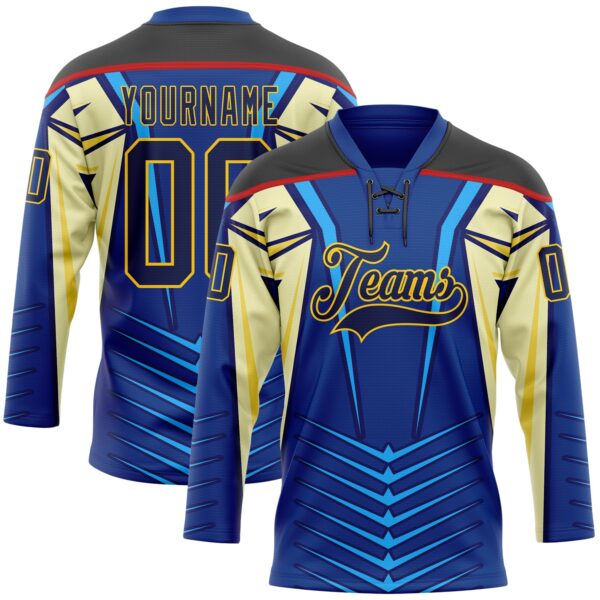 Custom Blue Navy Black Red-Yellow Abstract Pattern Graphic Cyber Mecha E-sport Hockey Lace Neck Jersey