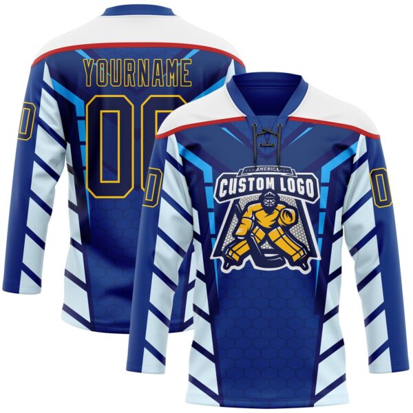 Custom Blue Navy Yellow Red-White Abstract Pattern Graphic Cyber Mecha E-sport Hockey Lace Neck Jersey
