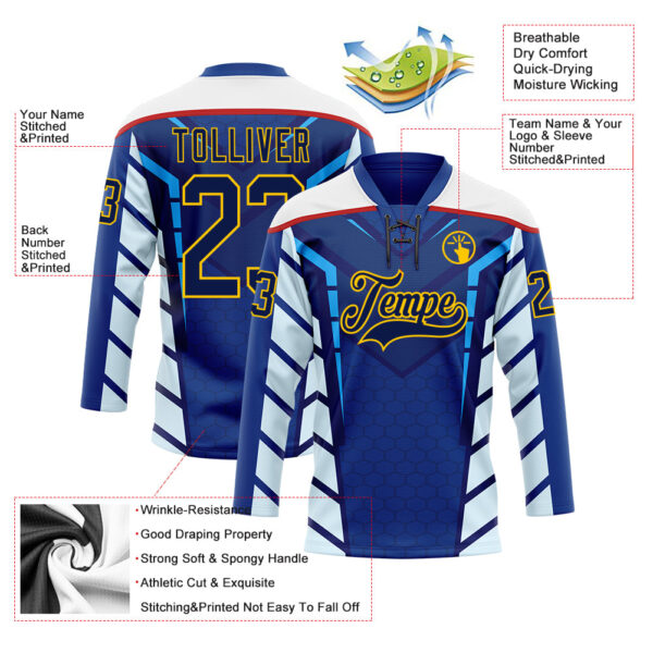 Custom Blue Navy Yellow Red-White Abstract Pattern Graphic Cyber Mecha E-sport Hockey Lace Neck Jersey