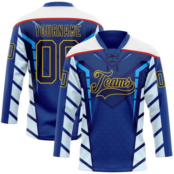 Custom Blue Navy Yellow Red-White Abstract Pattern Graphic Cyber Mecha E-sport Hockey Lace Neck Jersey