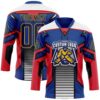 Custom Blue Navy Red Black Yellow-White Abstract Pattern Graphic Cyber Mecha E-sport Hockey Lace Neck Jersey