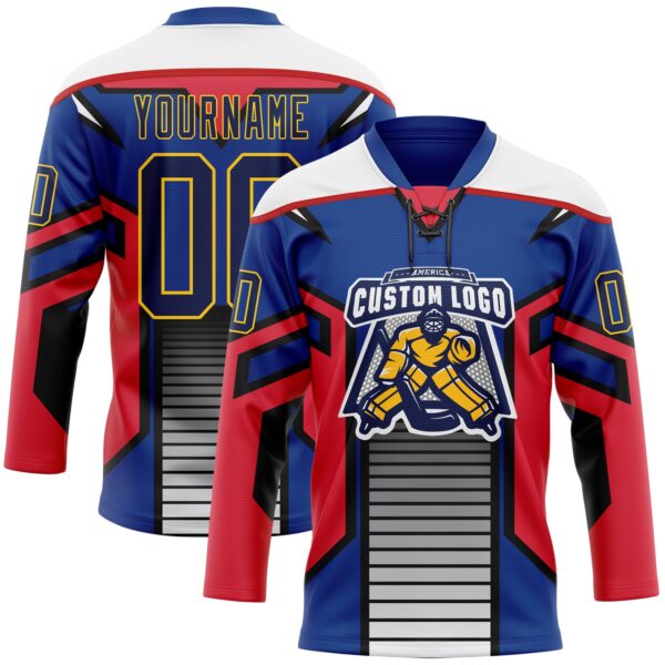 Custom Blue Navy Red Black Yellow-White Abstract Pattern Graphic Cyber Mecha E-sport Hockey Lace Neck Jersey