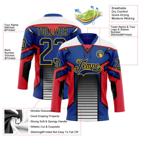 Custom Blue Navy Red Black Yellow-White Abstract Pattern Graphic Cyber Mecha E-sport Hockey Lace Neck Jersey