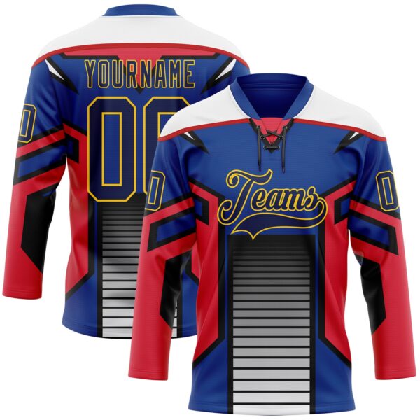 Custom Blue Navy Red Black Yellow-White Abstract Pattern Graphic Cyber Mecha E-sport Hockey Lace Neck Jersey