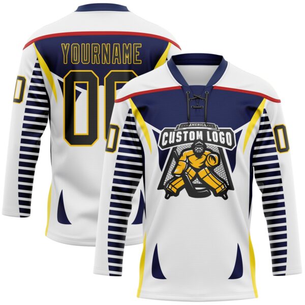 Custom White Black Navy Red-Yellow Abstract Pattern Graphic Cyber Mecha E-sport Hockey Lace Neck Jersey