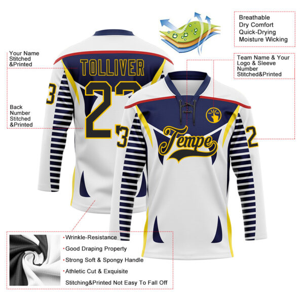 Custom White Black Navy Red-Yellow Abstract Pattern Graphic Cyber Mecha E-sport Hockey Lace Neck Jersey
