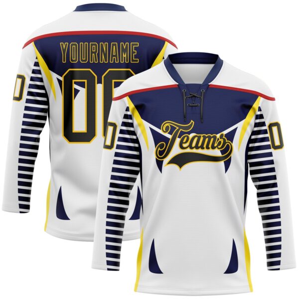 Custom White Black Navy Red-Yellow Abstract Pattern Graphic Cyber Mecha E-sport Hockey Lace Neck Jersey