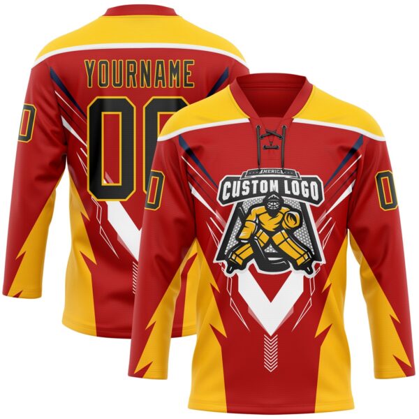 Custom Red Black Yellow-White Abstract Pattern Graphic Cyber Mecha E-sport Hockey Lace Neck Jersey