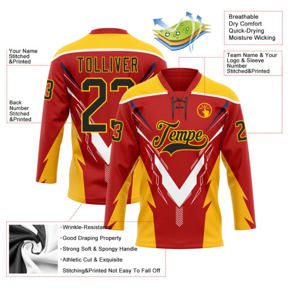 Custom Red Black Yellow-White Abstract Pattern Graphic Cyber Mecha E-sport Hockey Lace Neck Jersey