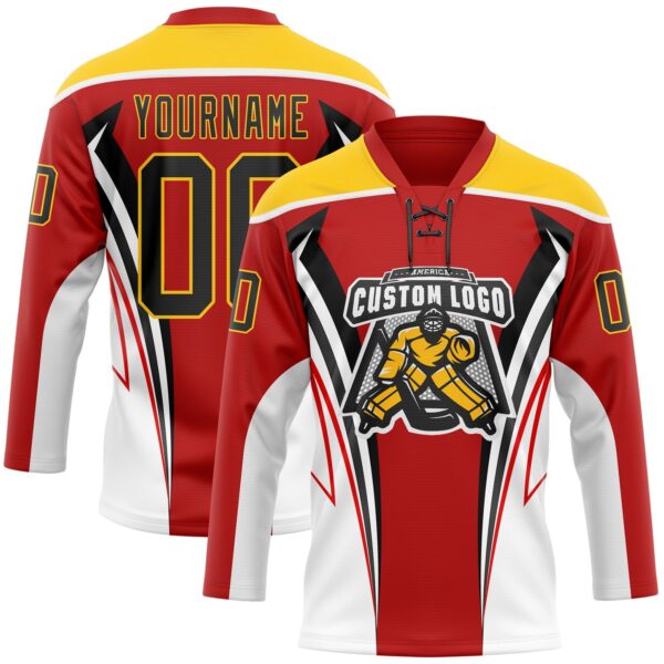 Custom Red Black Yellow-White Abstract Pattern Graphic Cyber Mecha E-sport Hockey Lace Neck Jersey