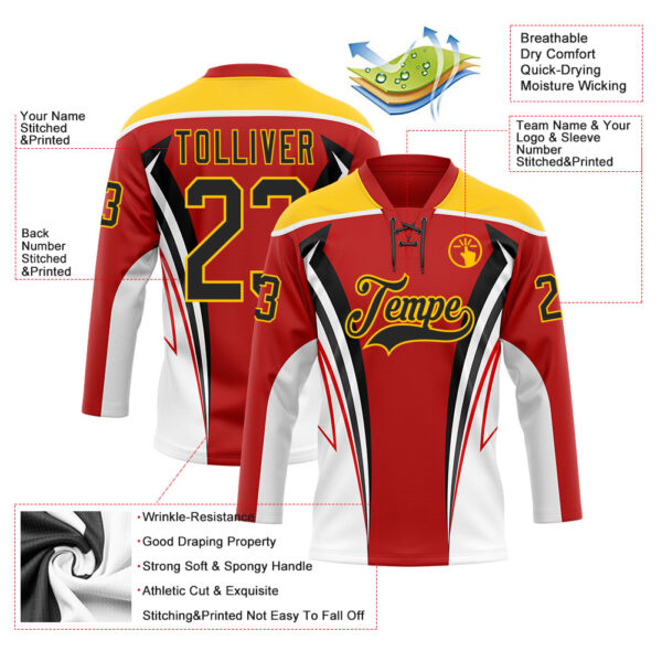 Custom Red Black Yellow-White Abstract Pattern Graphic Cyber Mecha E-sport Hockey Lace Neck Jersey