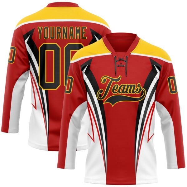 Custom Red Black Yellow-White Abstract Pattern Graphic Cyber Mecha E-sport Hockey Lace Neck Jersey