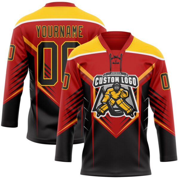 Custom Red Black Yellow-White Abstract Pattern Graphic Cyber Mecha E-sport Hockey Lace Neck Jersey