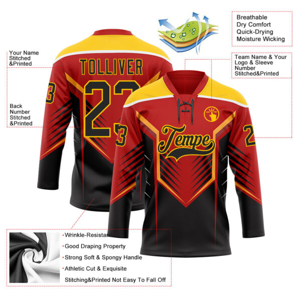 Custom Red Black Yellow-White Abstract Pattern Graphic Cyber Mecha E-sport Hockey Lace Neck Jersey