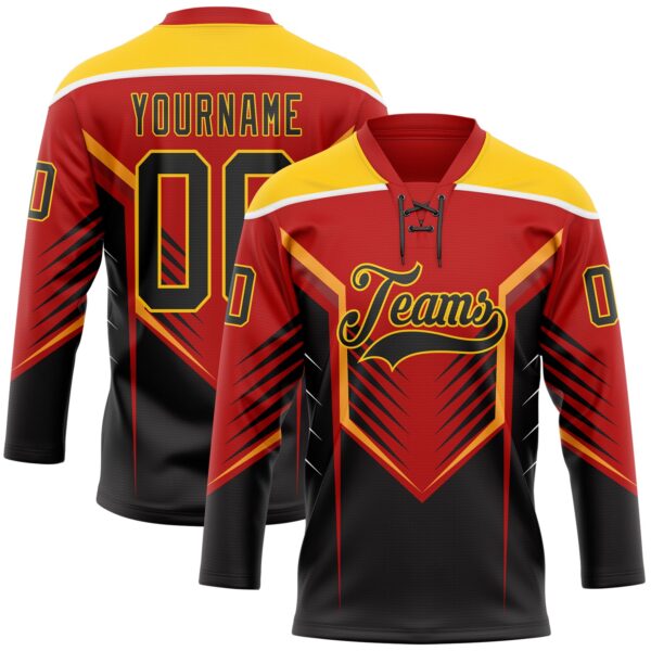 Custom Red Black Yellow-White Abstract Pattern Graphic Cyber Mecha E-sport Hockey Lace Neck Jersey