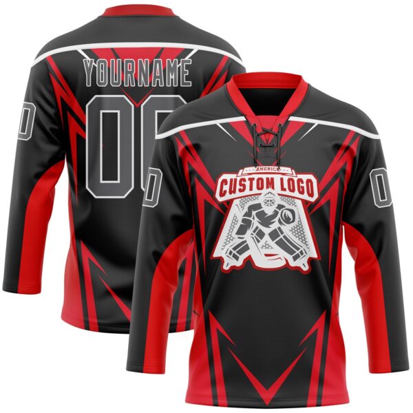 Custom Black Steel Gray Red-White Abstract Pattern Graphic Cyber Mecha E-sport Hockey Lace Neck Jersey