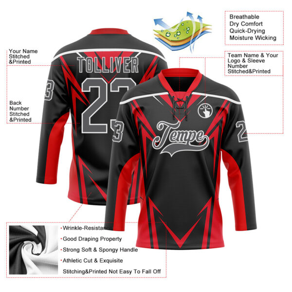 Custom Black Steel Gray Red-White Abstract Pattern Graphic Cyber Mecha E-sport Hockey Lace Neck Jersey