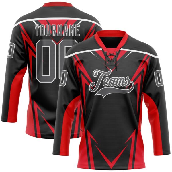 Custom Black Steel Gray Red-White Abstract Pattern Graphic Cyber Mecha E-sport Hockey Lace Neck Jersey
