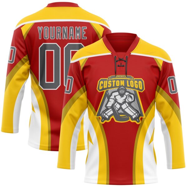 Custom Red Steel Gray Yellow-White Abstract Pattern Graphic Cyber Mecha E-sport Hockey Lace Neck Jersey