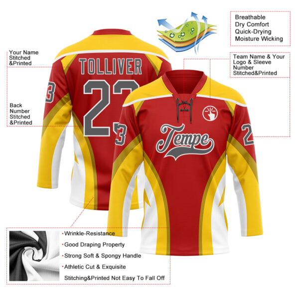 Custom Red Steel Gray Yellow-White Abstract Pattern Graphic Cyber Mecha E-sport Hockey Lace Neck Jersey