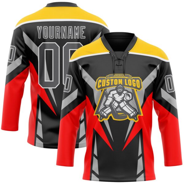 Custom Black Steel Gray Red Yellow-White Abstract Pattern Graphic Cyber Mecha E-sport Hockey Lace Neck Jersey