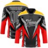 Custom Black Steel Gray Red Yellow-White Abstract Pattern Graphic Cyber Mecha E-sport Hockey Lace Neck Jersey