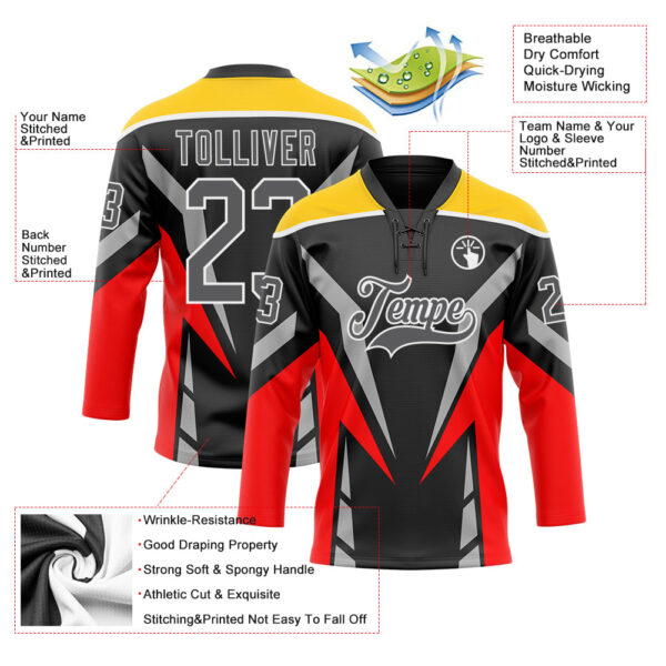 Custom Black Steel Gray Red Yellow-White Abstract Pattern Graphic Cyber Mecha E-sport Hockey Lace Neck Jersey