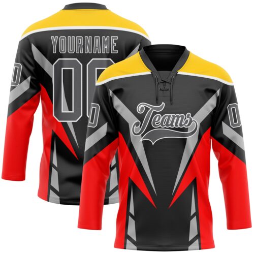 Custom Black Steel Gray Red Yellow-White Abstract Pattern Graphic Cyber Mecha E-sport Hockey Lace Neck Jersey