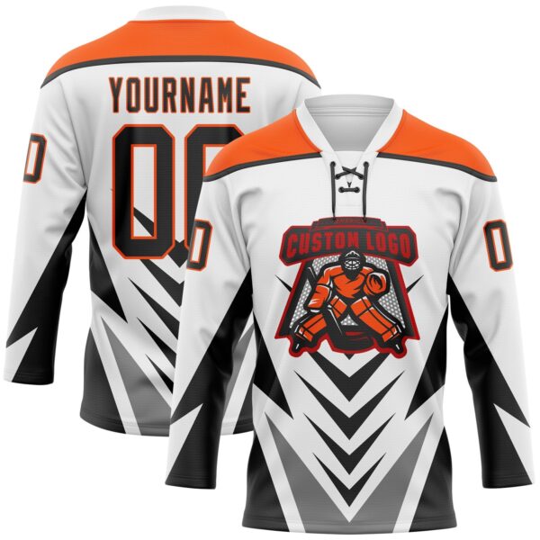 Custom White Black Gray-Orange Abstract Pattern Graphic Cyber Mecha E-sport Hockey Lace Neck Jersey