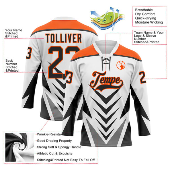 Custom White Black Gray-Orange Abstract Pattern Graphic Cyber Mecha E-sport Hockey Lace Neck Jersey