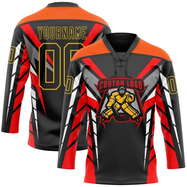 Custom Black Red Gray Orange-Yellow Abstract Pattern Graphic Cyber Mecha E-sport Hockey Lace Neck Jersey