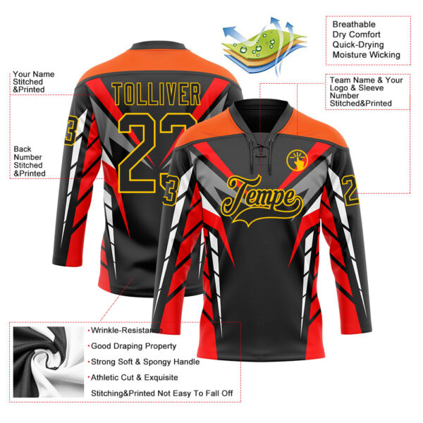 Custom Black Red Gray Orange-Yellow Abstract Pattern Graphic Cyber Mecha E-sport Hockey Lace Neck Jersey
